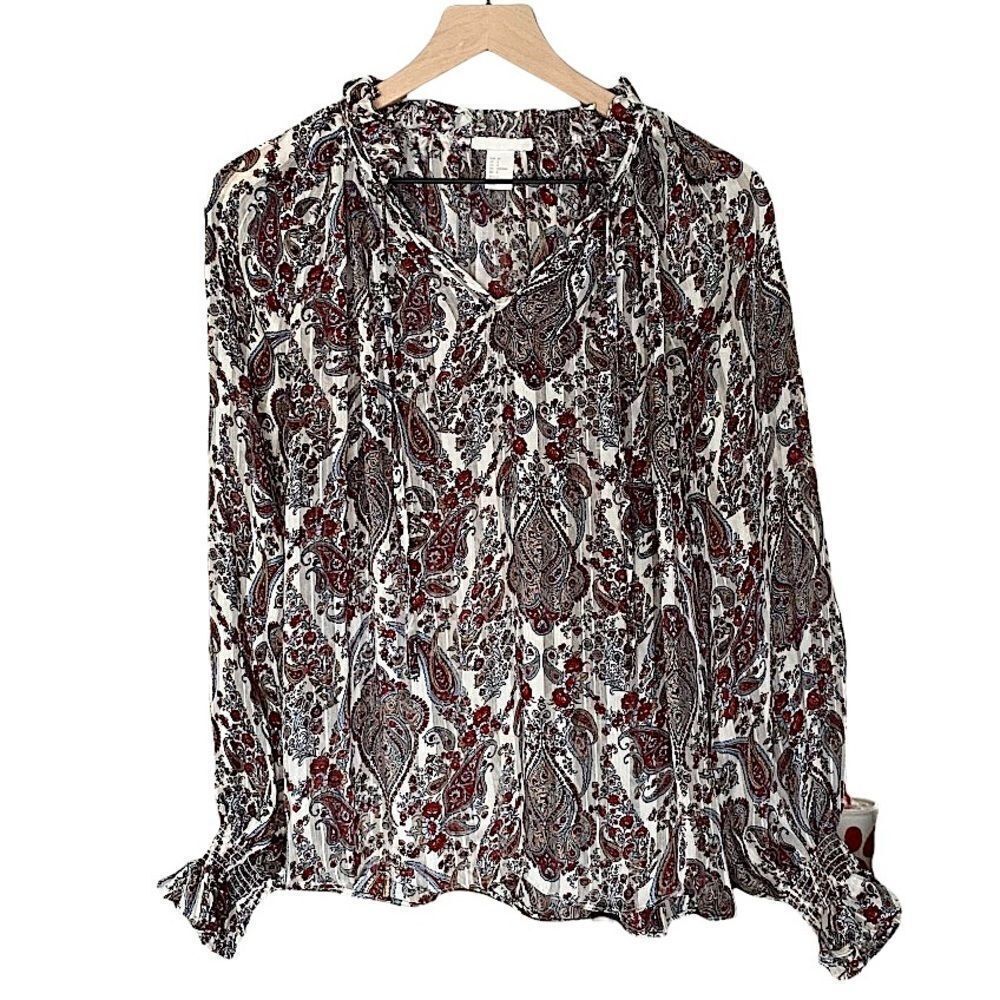 H&M Women’s Sheer Blouse in Paisley Pattern Blue Red‎ White Size Small